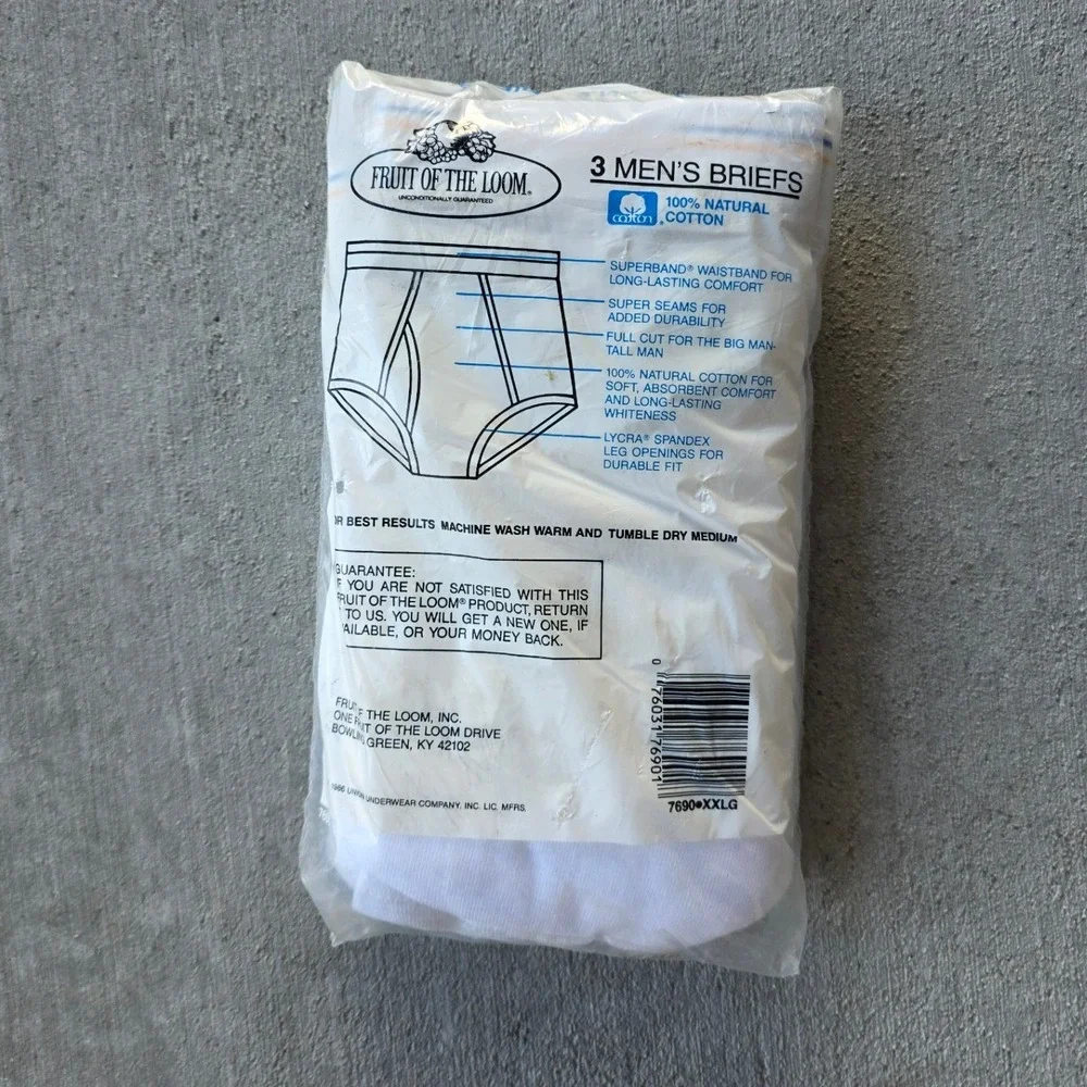 Vintage 1986 Fruit of the Loom Men White Briefs 3 Pack Big Man Tall 2XL USA Made